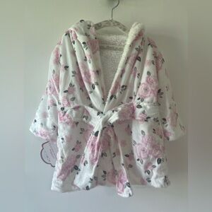 Floral Faux Mink & Sherpa Baby & Toddler Plush Hooded Bathrobe Pink & White NWT